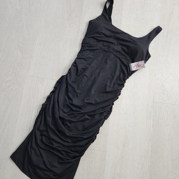 Sofia Jean Body Sculpting Ruched Tank Dress, Below Knee Length, BLACK - Picture 3 of 9